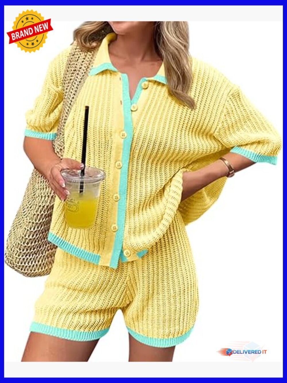 2 Piece Short Sets - Short Sleeve Collared Top with Crochet Knit Lounge Shorts